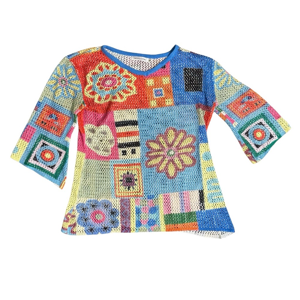 Miss look open knit floral patchwork top